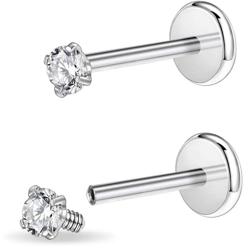 Nose Piercing Studs, 2-Piece 16G/18G Surgical Steel Labret with 3mm CZ, Internally Threaded & Anti-Rust Helix Piercing Earrings for Lip, Tragus