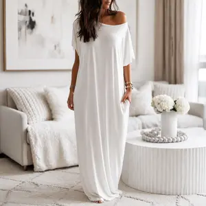 Women’s Solid Color Batwing Sleeve Lounge Dress – Casual Loose Fit Short Sleeve Nightdress, Soft Comfy Sleepwear Maxi Dress for All Seasons Homewear
