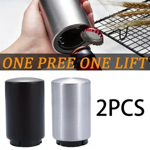 2Pcs Premium Beer Bottle Opener (Silver&Black), Stainless Steel Push Pull Cap Catcher, Metal Reflective Design, Automatic Beer Opener for Easy Use to Bar,Parties, Picnic Camping. unique gift