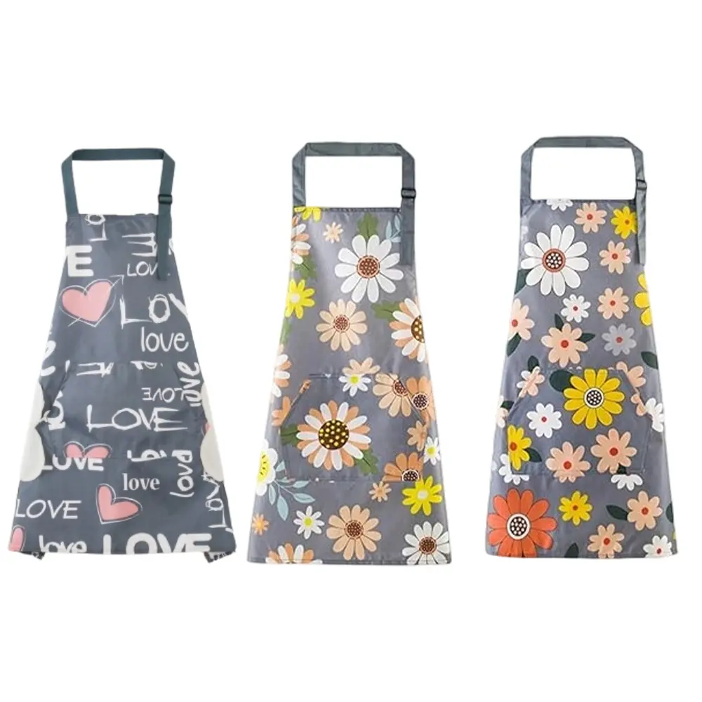3 pieces women's kitchen apron set, featuring daisy floral and mixed floral designs with the "LOVE" letter print, equipped with adjustable shoulder straps and side pockets, waterproof, suitable for home cooking, catering work, baking or gardening labor