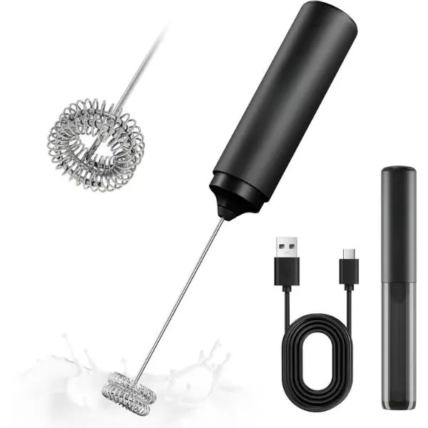 Rechargeable Milk Frother Handheld, 2-IN-1 Dual Spring Whisk Electric Frother Wand for Cappuccino Latte Macchiato, Portable Drink Mixer for Coffee, Matcha, Hot Chocolate