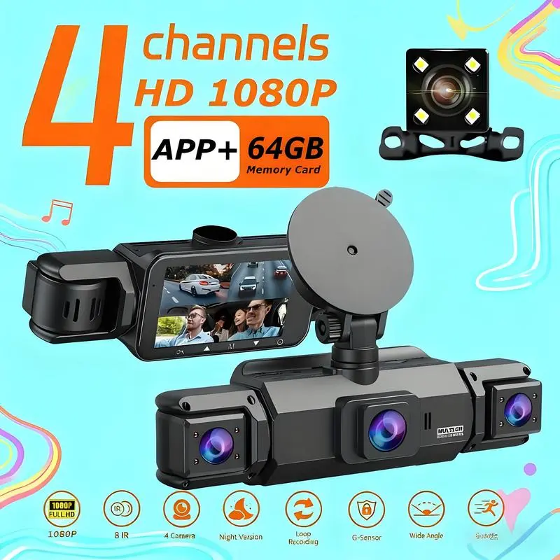 Four-channel dashcam, Dashcams for cars, HD Dash Camera, Dashboard Camera, Automotive DVR, Wifi Backup Camera, with panoramic all-weather parking monitoring, 4 lenses: front/rear, 4-inch WiFi display, 64GB storage card, Clear night vision with HDR