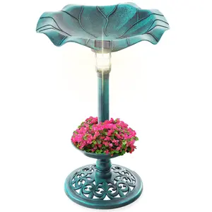 Solar Powered Light Base Bird Bath with Flower Pot, Integrated Panel