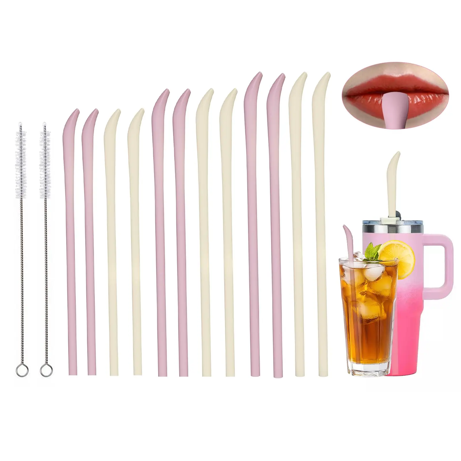 Anti Wrinkle Straw 12 Reusable For 40 Oz 30 20 Cup  Flexible Free Drinking Straws With Cleaner Brush Replacement Silicone (beige And Pink)