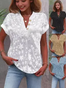 Women's V Neck Textured Shirts Short Sleeve Business Casual Blouses 3D Floral Lace Tops Dressy Summer Tunic