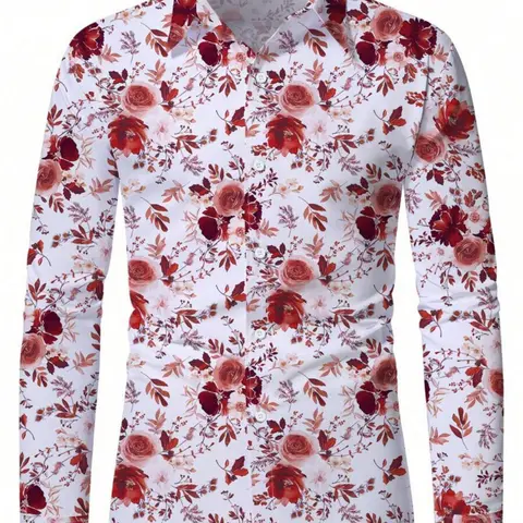 Men's Floral Print Long Sleeve Shirt, Casual Collared Shirt, Casual Fashion Shirt, Regular Fit Casual Comfy Top for All Seasons, Men's Clothes for Beach Vacation Daily Wear, Floral Print Shirts