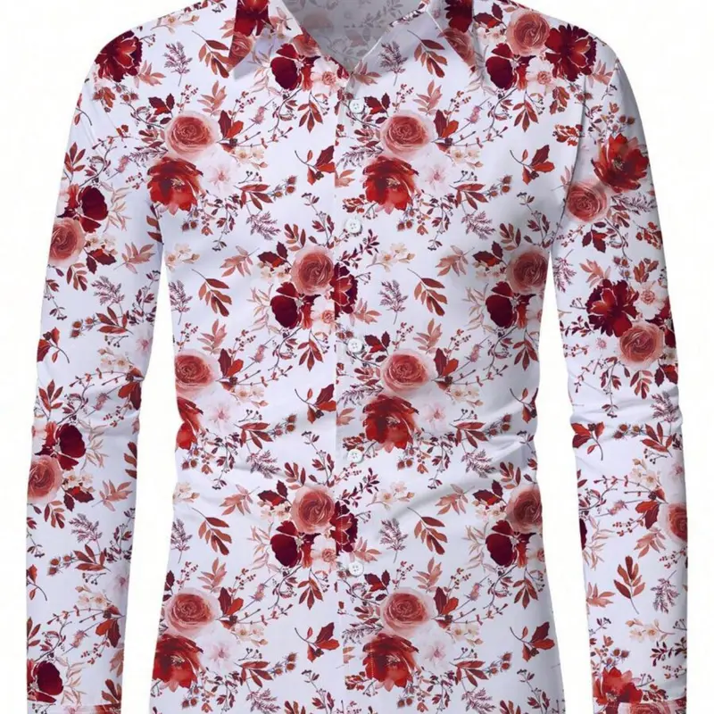 Men's Floral Print Long Sleeve Shirt, Casual Collared Shirt, Casual Fashion Shirt, Regular Fit Casual Comfy Top for All Seasons, Men's Clothes for Beach Vacation Daily Wear, Floral Print Shirts