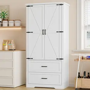 Pantry Organizers and Storage Cabinet, 71” Barn Door White Kitchen Cabinet with Drawers and Adjustable Shelf, Tall Pantry for Kitchen, Dining Room, Living Room. Bathroom and Office