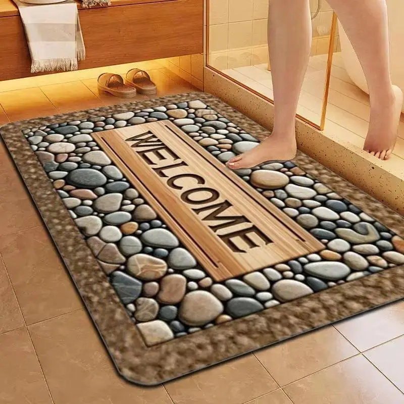 Rustic Wood Grain Welcome Stone Pebble Doormat - Decorative Indoor Entryway Porch Mat, Ideal Housewarming Home Gift