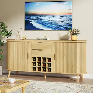 Mid Century Modern Sideboard Buffet Cabinet with 58" Fluted Doors, 12 Wine Tanks, 2 Drawers, Adjustable Shelves, Metal Legs, Curved Edges, Oak Finish, Storage Console for Kitchen, Living Room