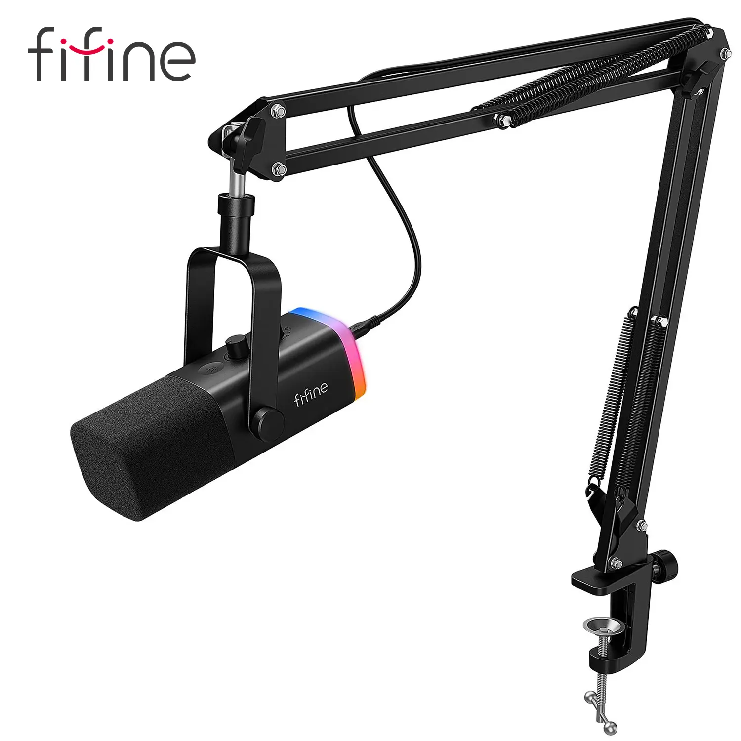 FIFINE AM8T XLR/USB Gaming Microphone with Boom Arm Stand, Dynamic PC Mic for Streaming Podcasting, Computer RGB Mic Kit, Mute Button, Headphones Jack, for Recording Vocal Voice-Over Audio, for USB-C Smartphone