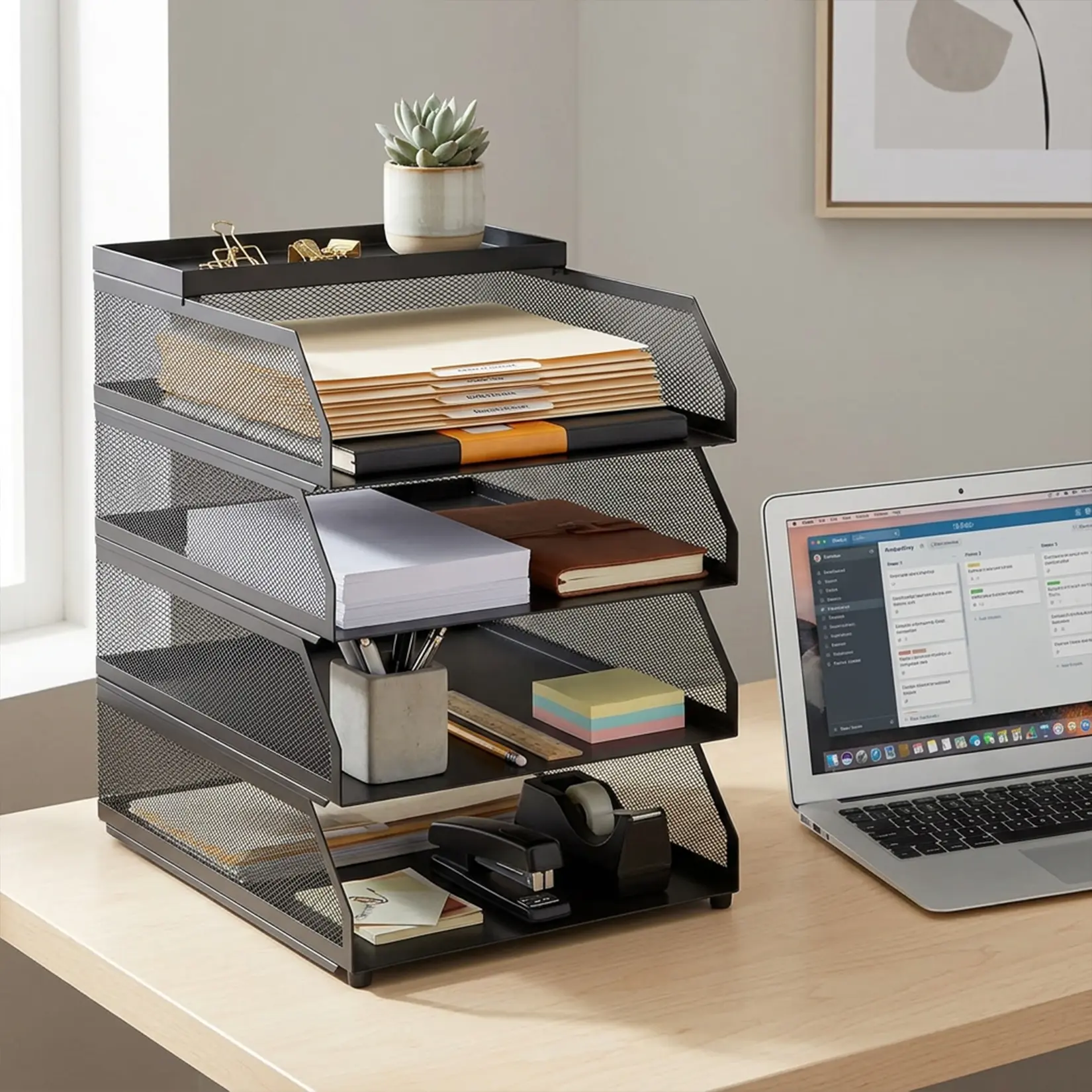 Metal Mesh Desk Organizer - Space-Saving Stackable File Organizer Box with Top Shelf, Slanted Letter & Folder Holder, Mark-Resistant Expandable Rack for Office Desktop Paperwork & Stationery Storage, Desk Accessories