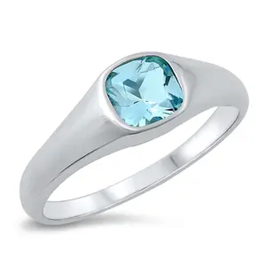 CZ Crystal Aquamarine Signet Ring - 925 Sterling Silver