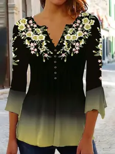 Plus Floral Print Button Front Flounce Sleeve Tee, Fashion Ombre 3/4 Sleeve Round Neck Top for Spring & Fall, Women's Clothes, Casual Boho Soft