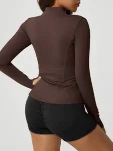 Women's Solid Zip Up Thumb Hole Design Sports Jacket, Thumbhole Jacket, Running Jackets, Sports Long Sleeve Outerwear for Gym Workout Running, Ladies Sportswear for All Seasons, Womenswear, Coats, Activewear, Athletic, Sports Clothes, Fitted
