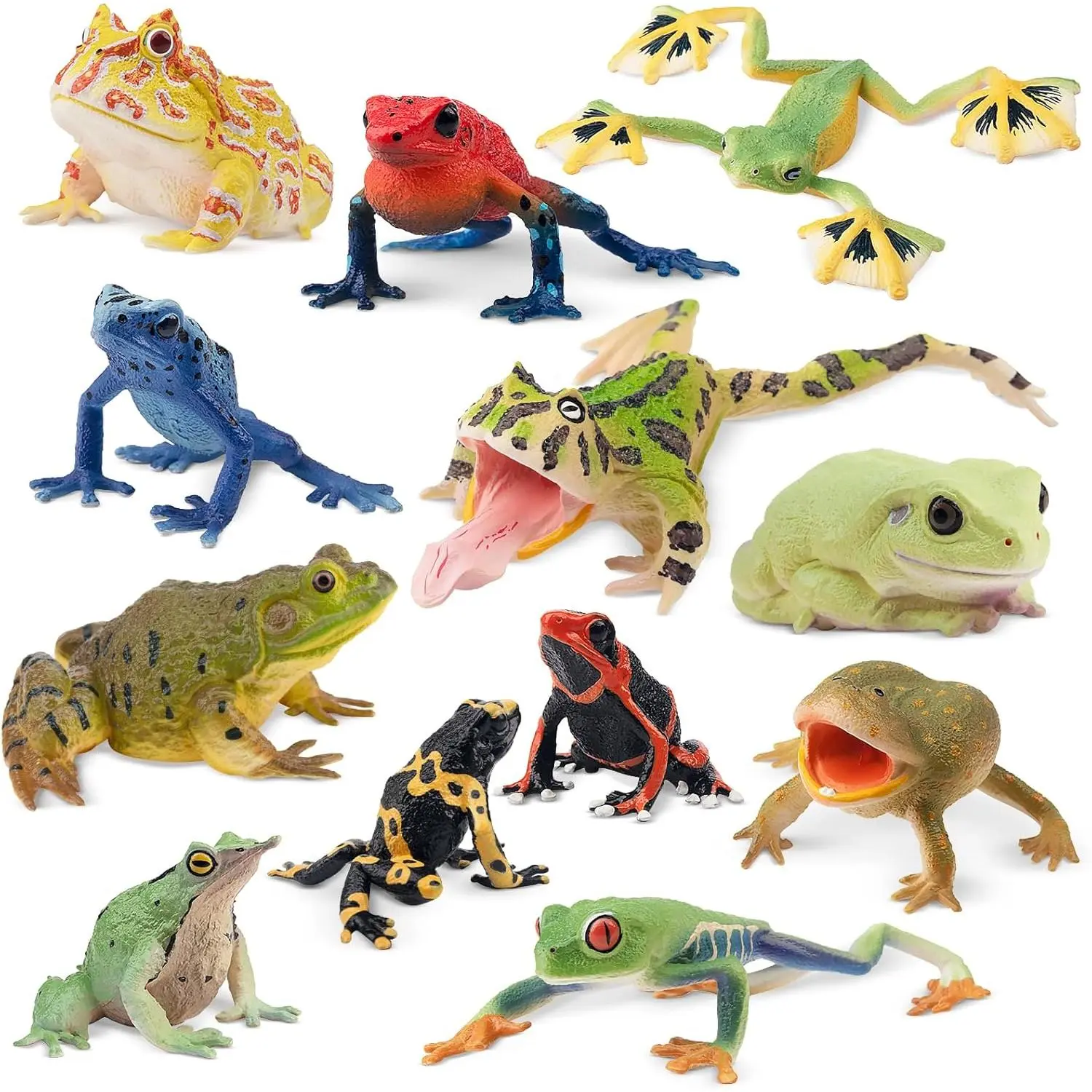 Frog Toy Figures, Plastic Rainforest Woodland Animals Toy Frogs Set with Realistic Poison Dart Frog, Cake Topper Party Favor Garden Flowerpot Plants Decor