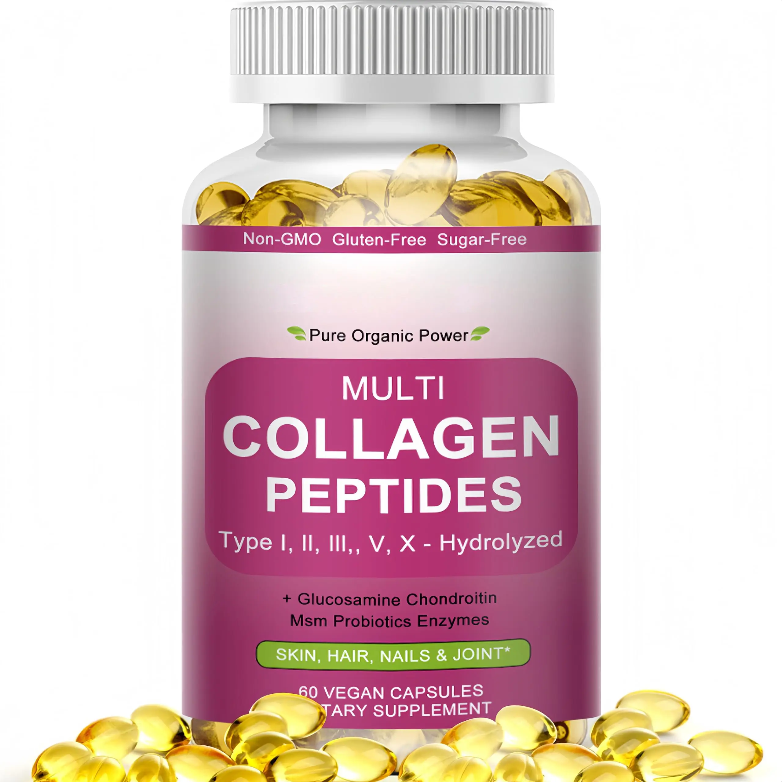 Multi Collagen Peptides Softgels with Types I, II, III, V & X, Biotin, Vitamin C, Hyaluronic Acid, Probiotics and Digestive Enzymes, 120 Softgels
