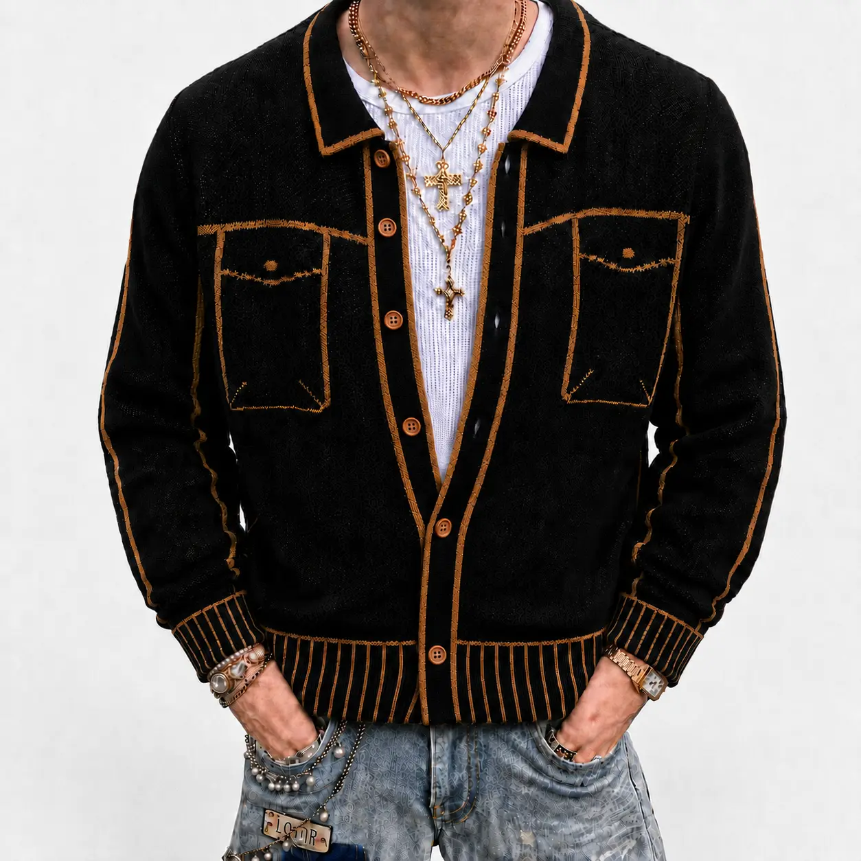 Men’s Contrast Stitch Fabric Knit Cardigan - Button-Front Long Sleeve Textured Sweater with Decorative Seams, Vintage Casual Streetwear