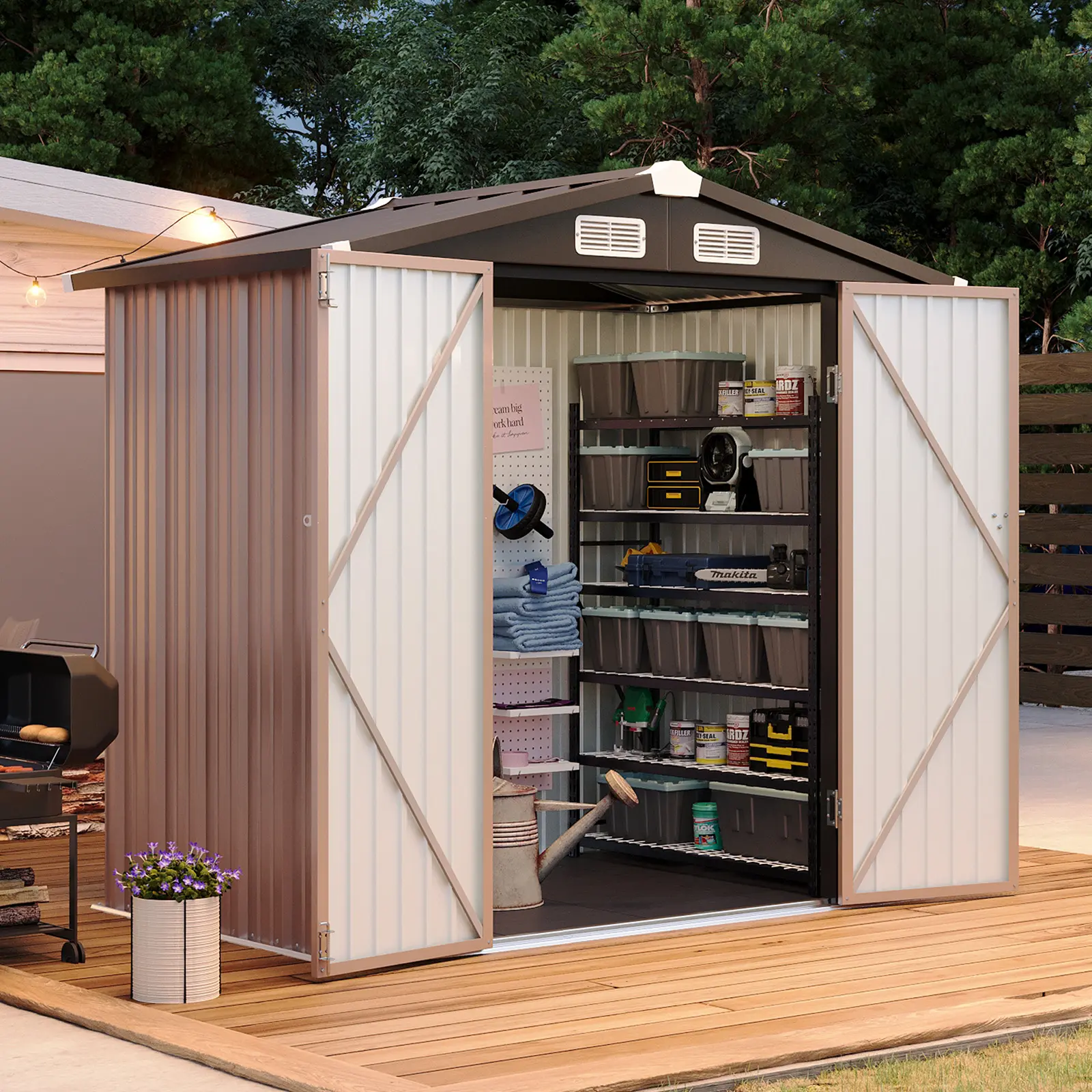 Aoxun 6x4FT Shed with Floor Galvanized Steel Outdoor Storage Shed Metal Garden Shed with Double Doors, Moisture-Proof Floor & Ventilation, Sloped Roof for Bike/Generator/Tool Storage (Brown)
