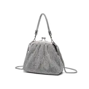 1pc Sparkling Rhinestone Shell Dumpling Evening Bag, elegant clasp style handheld purse, chic chain shoulder crossbody design, dazzling shiny decorative outlook, exquisite trendy silhouette, upscale stylish temperament, fit for wedding parties,