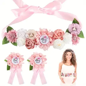3pcs Pink Shower Sash and Pin Set - Maternity Belt with Flower Design, Mommy and Daddy To Be Badges, Perfect for Gender Reveal Parties, Weddings, and Showers, Wedding Accessories|Floral Sash Design|Ribbon Accents, Shower Decorations