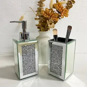 Luxury Silver Glass Bathroom Accessories Set for Home Storage - Includes Soap Liquid Dispenser & Makeup Brush Holder - Perfect Christmas & Halloween Gift