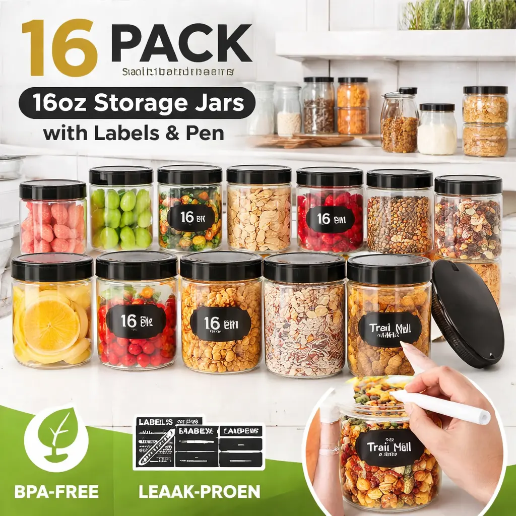 16-Pack 16oz BPA-Free Clear Plastic Jars with Screw-On Airtight Lids - Transparent Kitchen Preserving Containers for Dry Food, Peanut Butter, Bathroom Storage