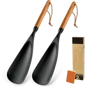 Cooking Spoon for Nonstick, 2-Pack Wooden Handle Spatula Spoon for Cooking,, Scooping & Scraping – Food-Spoon, Heat Resistant, Hole – Black, 12.8 Inch