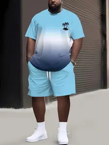 Men's Plus Size 3D Gradient Print T-Shirt and Short Set, Breathable Polyester, Casual Summer Sportswear, Party Travel Gift