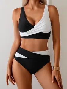 Women's Fashion Bikini Set, Sexy V-Neck Block, Cross Straps Adjustable Shoulder Straps, Two-Piece Swimsuit, Tankini Outfit