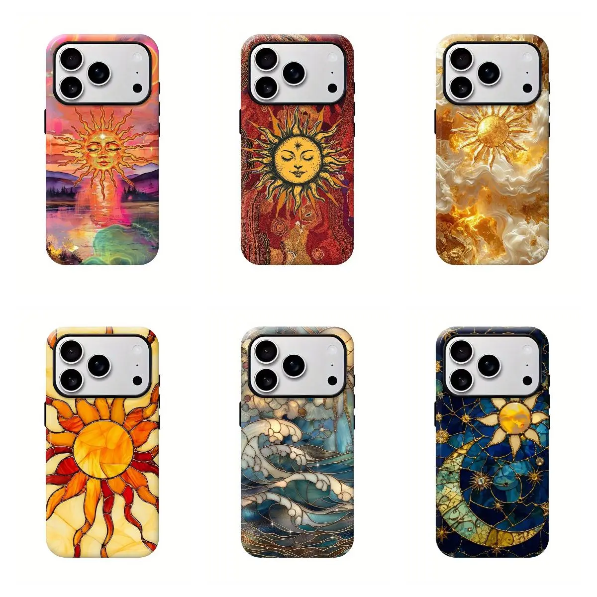 Yellow Gold Sun Stained Glass Printed Tough Phone Case for iPhone 16/15/14/13/12/11/X/Xs/Xr/8 Dual-Layer Defense Wireless Charging Ready Celestial Stars Print Fashion Trendy High Quality Design Accessories TPU & PC Materials - Smartphone