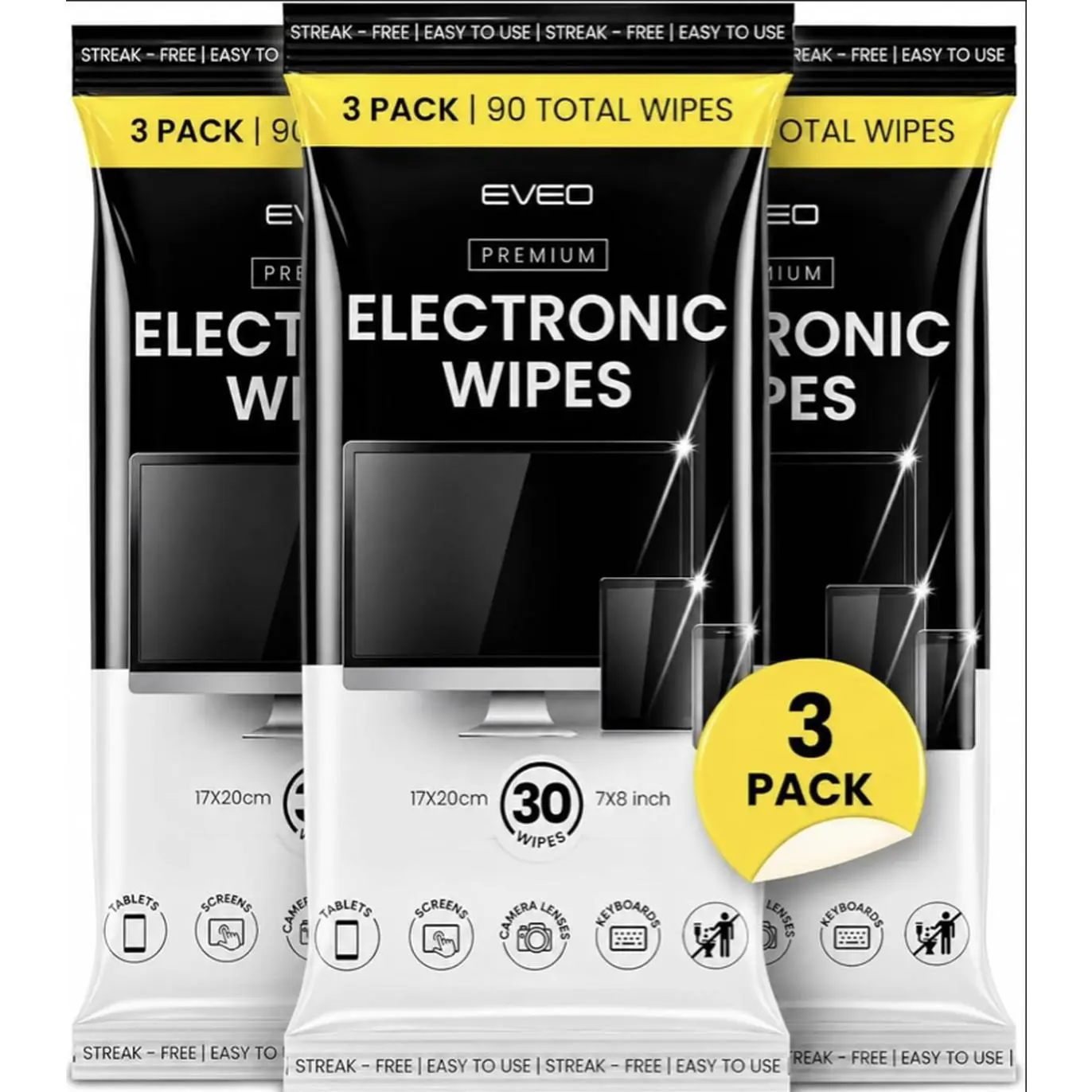 EVEO Premium Electronic Wipes 3 Pack 90 Total Wipes 17x20cm for Computers Tablets Screens Camera Lenses Keyboards Easy to Use