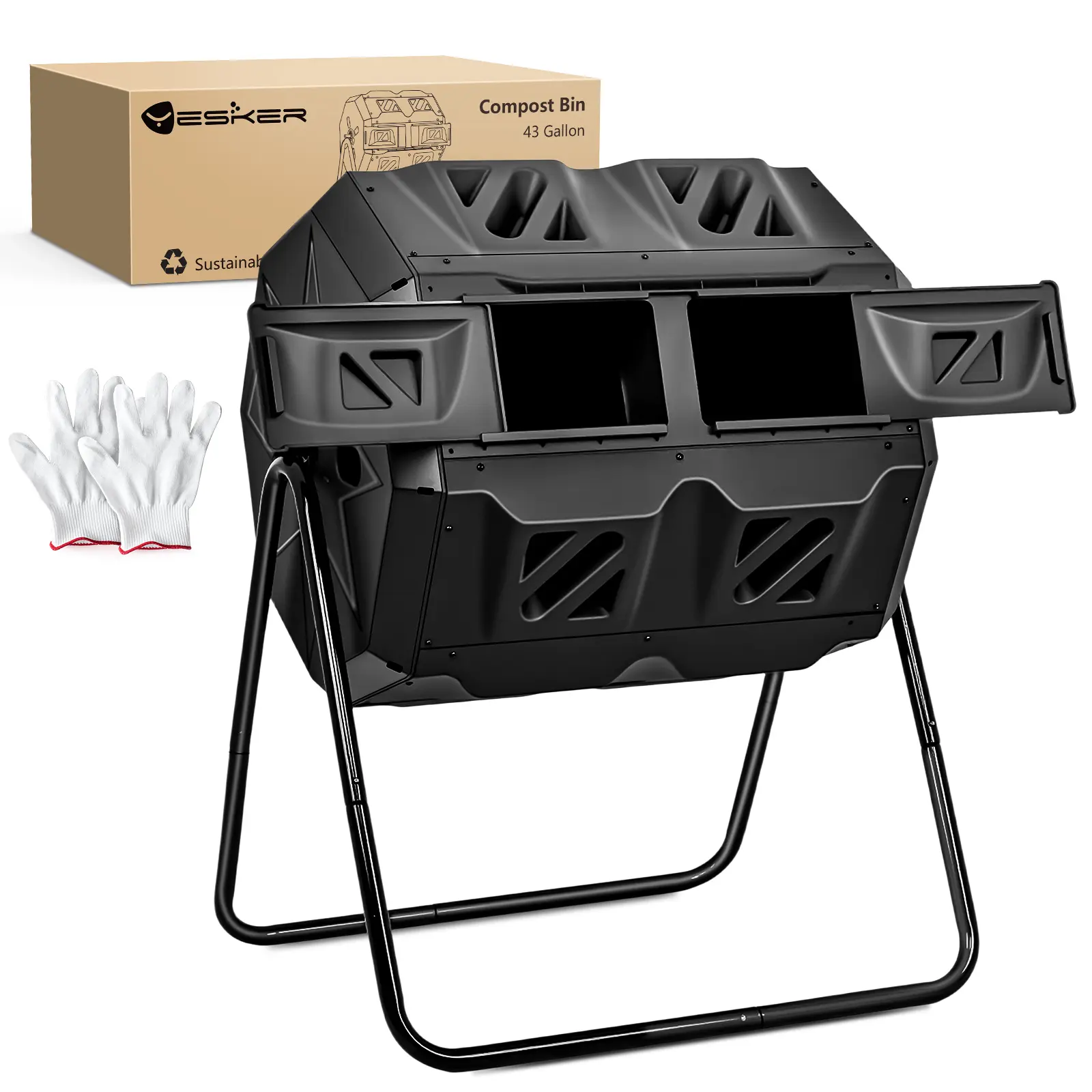 Yesker Compost Tumbler Bin - Dual Chamber Outdoor Composter, 43 Gal Rotating Design with Sliding Doors, Fast Assembly for Garden & Backyard Waste