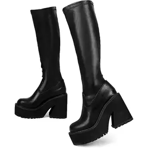 Womens Elastic Knee High Platform Chunky Block High Heel Sock Boots Zipper Round Toe Fashion Motorcycle Combat Punk Boots For Women