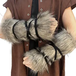 HiiFeuer Viking Artificial Fur Barbarian Arm Wraps, Medieval Vintage Fuzzy Bracers Arm Guards, Nordic Cuff Warmers Wrist Band Handmade Leather Gloves Cool Scandinavian