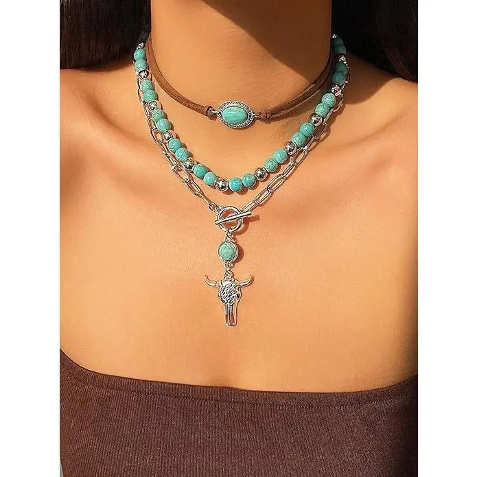 BloomWish Women's S-Layered Turquoise Beaded Western Necklaces - Layered Chains, Multi-Strand Green Choker, Day to Night Vintage Jewelry for Country Concert Dresses