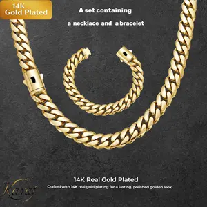 【set】14K Gold-Plated Cuban Link Necklace & Bracelet Set | Widths: 6/8/10/12/14 mm | Lengths: Necklace 16–30 inches, Bracelet 7.5/8.5 inches | Unisex Jewelry | The Perfect Holiday Gift Choice