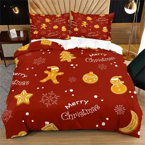 Christmas Gingerbread Man Print Bedding Set, Polyester Fiber, 1 Fitted Sheet & 2 Pillowcases, Universal Fit