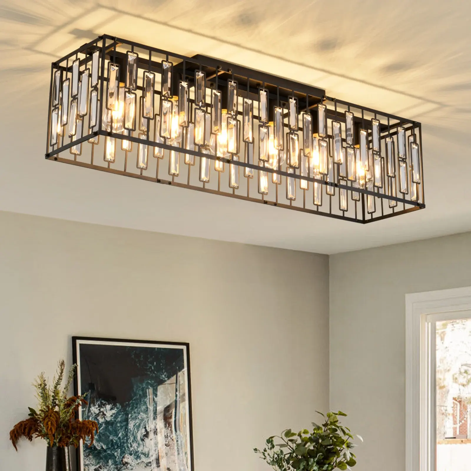 Garwarm 38.7-in Modern 6-Light Black Rectangle Crystal Chandelier, Flush Mount Ceiling Light Fixture for Dining Room, Living Room Lamp