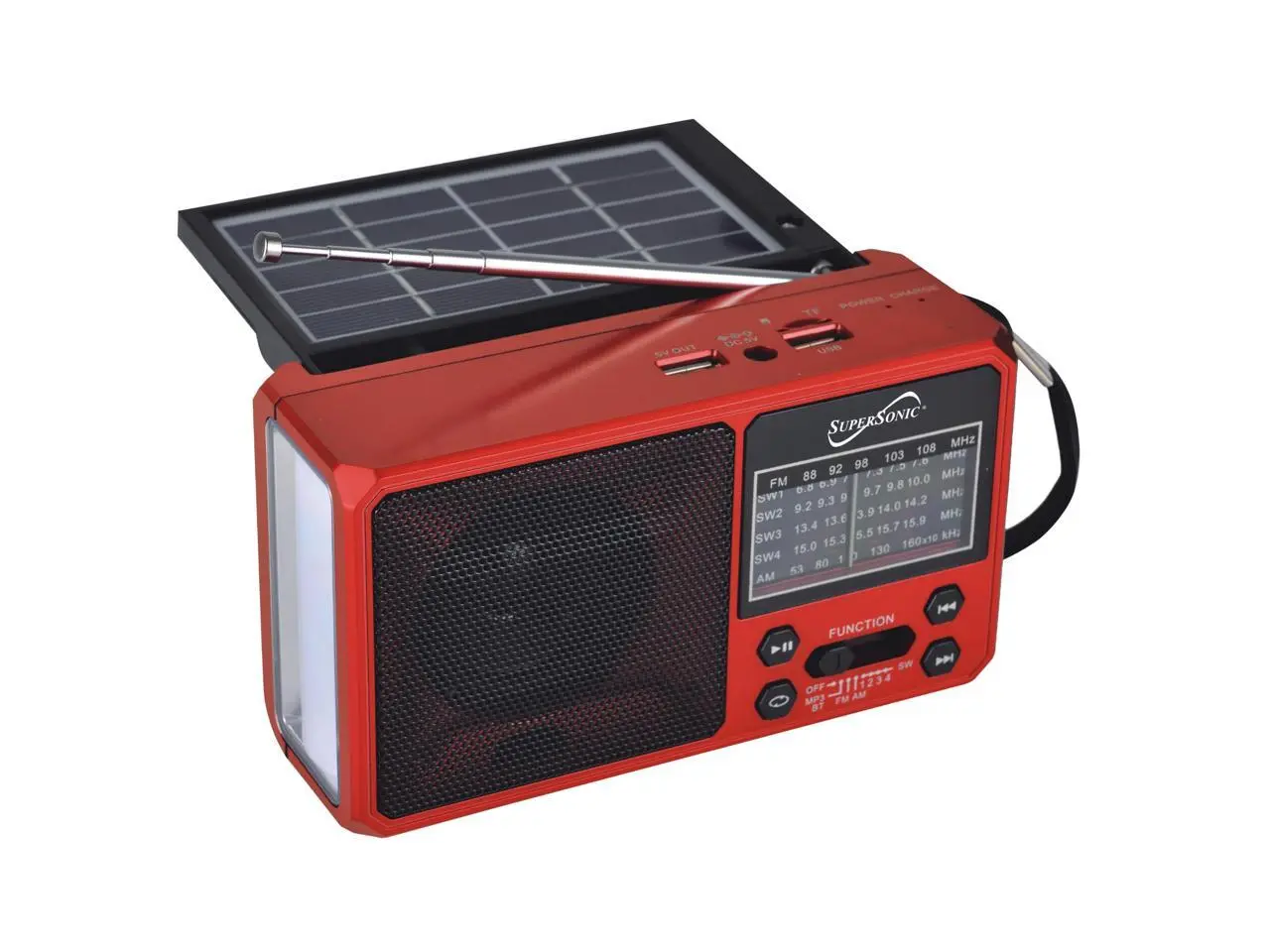 Supersonic SC-1180BT SolarWave Solar Emergency Radio w/Bluetooth 6.0, AM/FM/SW1-4, Solar+USB-C Rechargeable Battery, LED Flashlight, Micro SD/USB, 360° Antenna, Portable Speaker (Red)