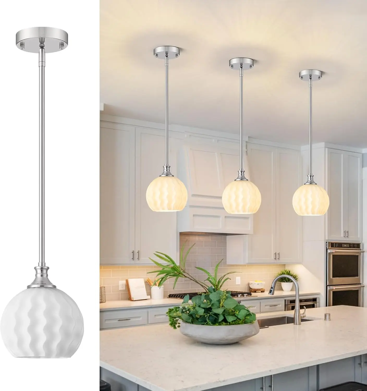 Brushed Nickel 1-Light Pendant Fixture - 7.3" Modern Farmhouse Milk Glass Globe, Adjustable Rods E26 Elegant Interior Decorative Light for Kitchen Island, Hallway, Decorative Lights, Elegant Lighting