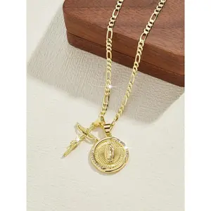 Punk Fashion Jesus Cross & Virgin Guadalupe Pendant Necklace, 14k Gold Plated Classic Pendant, 24-in Flat Chain, Luxurious Costume Jewelry, Holiday Gift