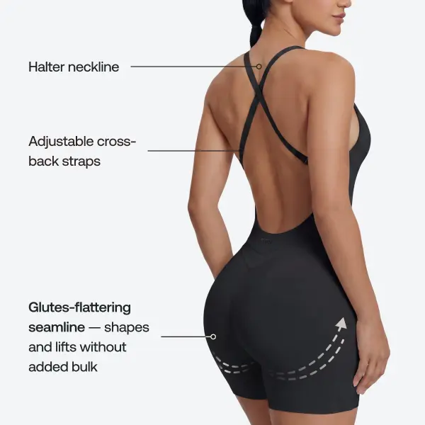 BetterMe Women's Black Halter Crossback Nylon Blend Bodysuit with Shorts - Sweat-Wicking Gym Clothing, Built-In Bra, Adjustable Straps, Fit Jumpsuits, Machine Wash, Cold Wash, Do Not Dry Clean for Gym Training, Dance