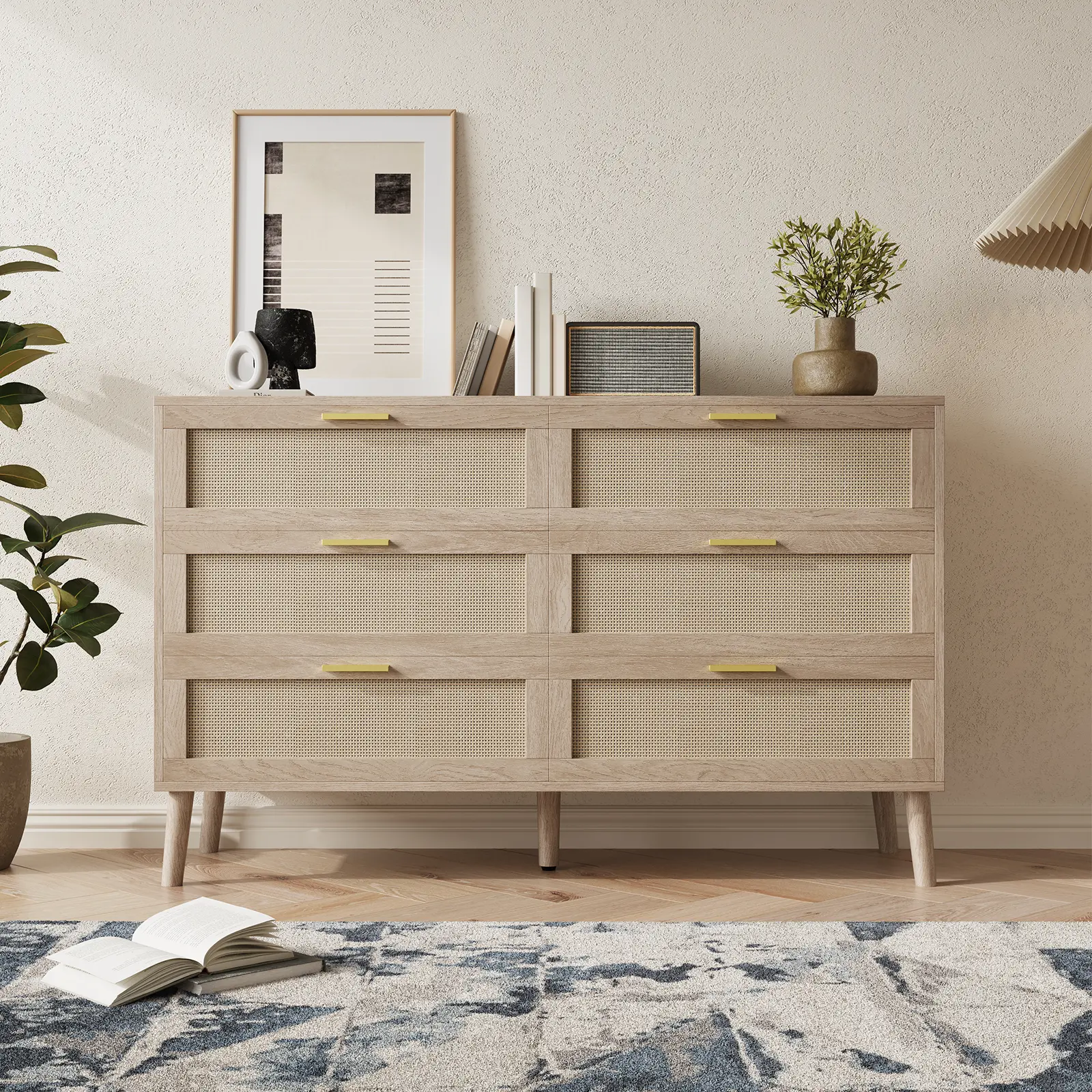 6‑Drawer Natural Rattan Dresser with Golden Handles, Farmhouse Wood Chest of Drawers for Bedroom, Living Room, Entryway & Hallway