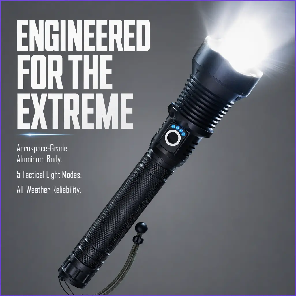 Rechargeable High-Brightness Flashlight, Waterproof Tactical Flashlight, Aluminum Alloy, 5200mAh flashlight, Type-C Charging, Zoomable, 5 Lighting Modes, Suitable for Camping, Hunting, family，Security, Emergency Use and Maintenance