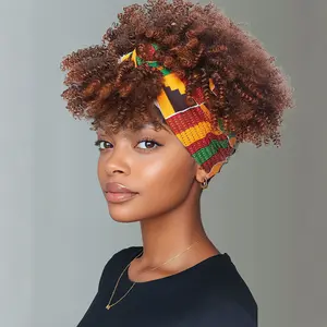 TwiceBeauty 8inch Afro Kinky Curly Headband Wigs with Bangs for Black Women 2 in 1 Turban Wigs with Headband Attached Soft Synthetic Hair Stylist Friendly Wig Drawstring Wig