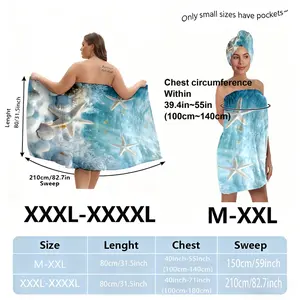 Plus sizes M-XXXXL, ocean-themed blue and white starfish and seashell style, suitable for women, as well as for use after showering, spas, and pools. A must-have for home and travel.