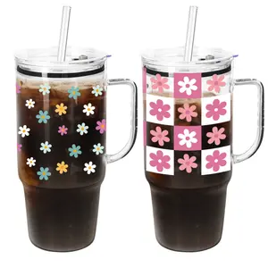 Valentines Gift 40oz Glass Tumbler with Handle Cute Tumbler with Lid and Straw Perfect for Smoothie Coffee Tea Milk Soda and Water Floral Design