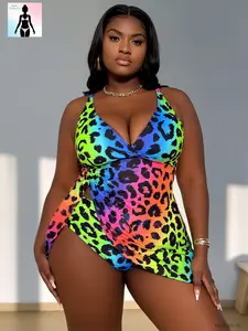 2026 Plus Size Neon Rainbow Leopard Print Swim Dress. Front Twist Cutout Skirted One-Piece Swimsuit, Flattering Tummy Control Bathing Suit. Plus Size Curvy Women’s Tankini Swimwear – A Must-Have for Spring Break, Summer Vacations, Beach, and Pool Parties