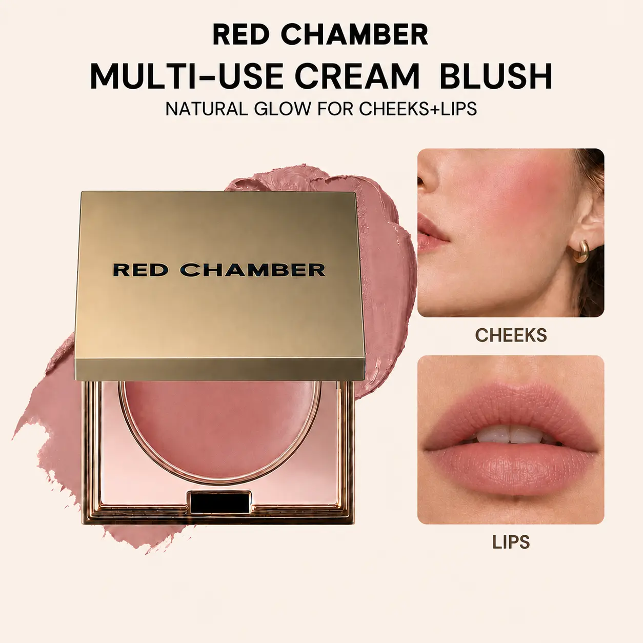 RED CHAMBER Blush HARUKI Multi-Purpose Cream Blush for Cheeks & Lips, Sheer-to-Buildable Color, Soft Luminous Skin-Like Finish, Blendable Formula, Mini Mirrored Travel Compact